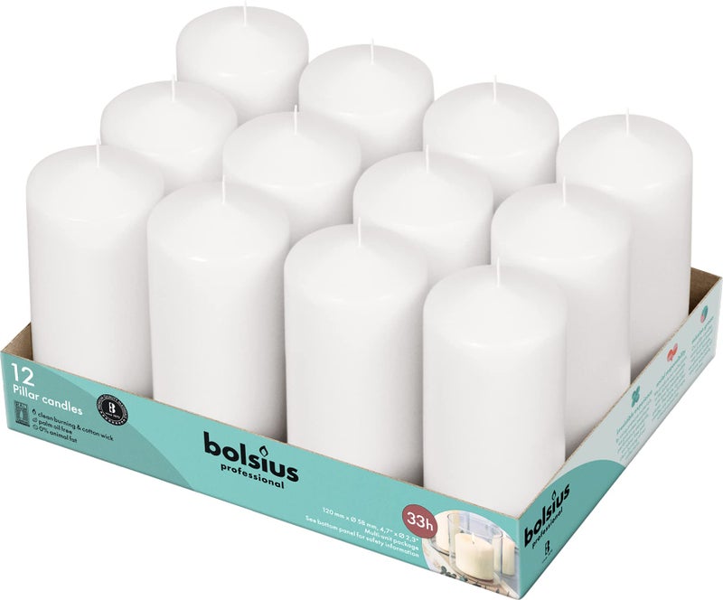 BOLSIUS 12 White Pillar Candles Bulk - 2.3 x 4.7 Inches Unscented Candle Set - 33 Hours Clean Burning - No Palm Oil - 0% Animal Fat - Premium European Quality - Party, & Special Occasion Candles - Image 1